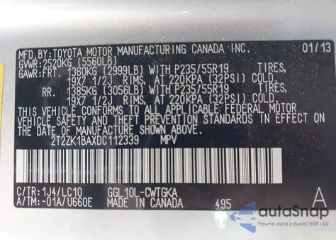 2013 Lexus Rx 350 from USA, damaged, VIN 2T2ZK1BAXDC112339